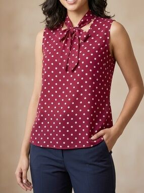 Red and White Retro Polka Dot Tie Neck Sleeveless Top